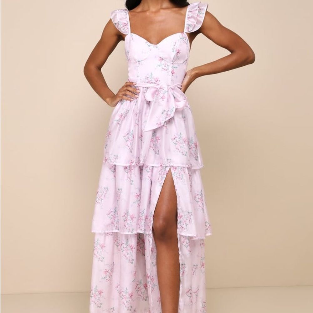 NWT-Lulus- Sweetest Emotion Lilac Floral Ruffled Tiered Bustier Midi Dress-small - Picture 5 of 16